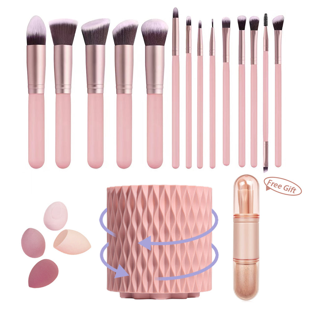 Professional Makeup Brush Set with Holder Organizer,360°Rotating Makeup Brush Storage Box,Premium Synthetic Foundation Powder Cosmetic Concealers Eye Shadows Makeup 14pcs Brush Kit with 4pcs Makeup sponge Set,Pink