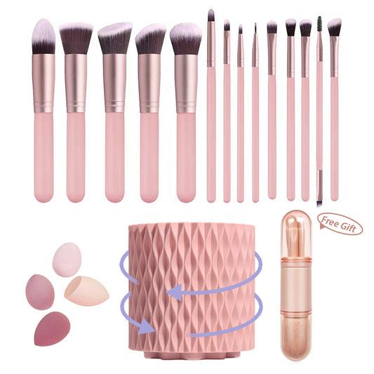 Professional Makeup Brush Set with Holder Organizer,360°Rotating Makeup Brush Storage Box,Premium Synthetic Foundation Powder Cosmetic Concealers Eye Shadows Makeup 14pcs Brush Kit with 4pcs Makeup sponge Set,Pink