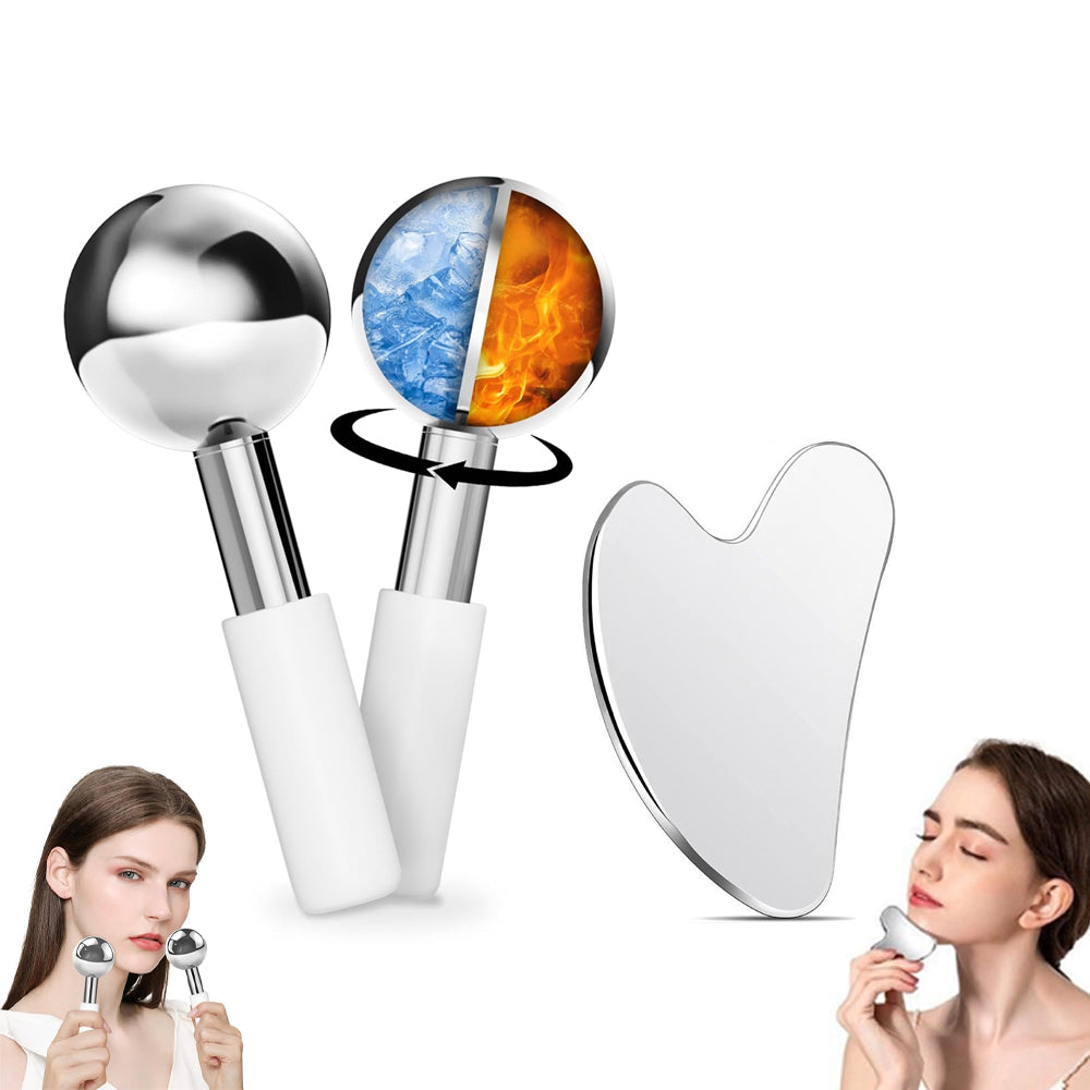 Ice Globes for Facials(1pair) & Gua Sha Set, Stainless Steel Gua Sha Facial Tools and Cryo Sticks, Face Massager Cooling Rollers for Skin Care, Dark Circles, Puffiness and Lymphatic Drainage